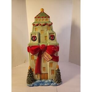 VTG Sango Cookie Jar Christmastime In The City Chuck Fischer Holiday Ceramic